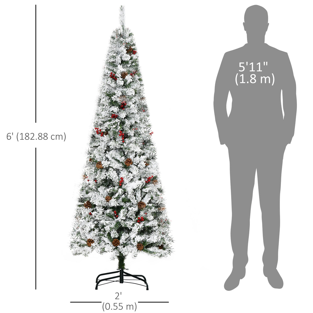 6 Foot Pencil Snow Flocked Artificial Christmas Tree with 600 Pine Realistic Branches, Pine Cones, Red Berries, Auto Open, Green