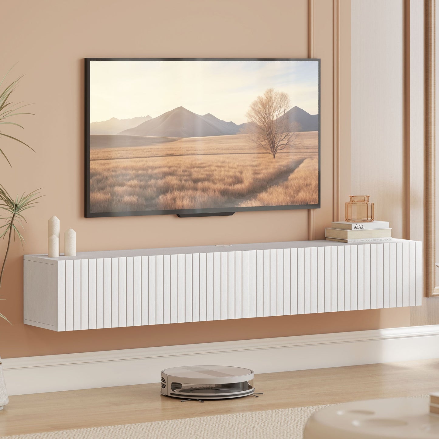 Jesse 55" Floating TV Stand with 2 Fluted Flip-Down Doors for TVs up to 72"-White