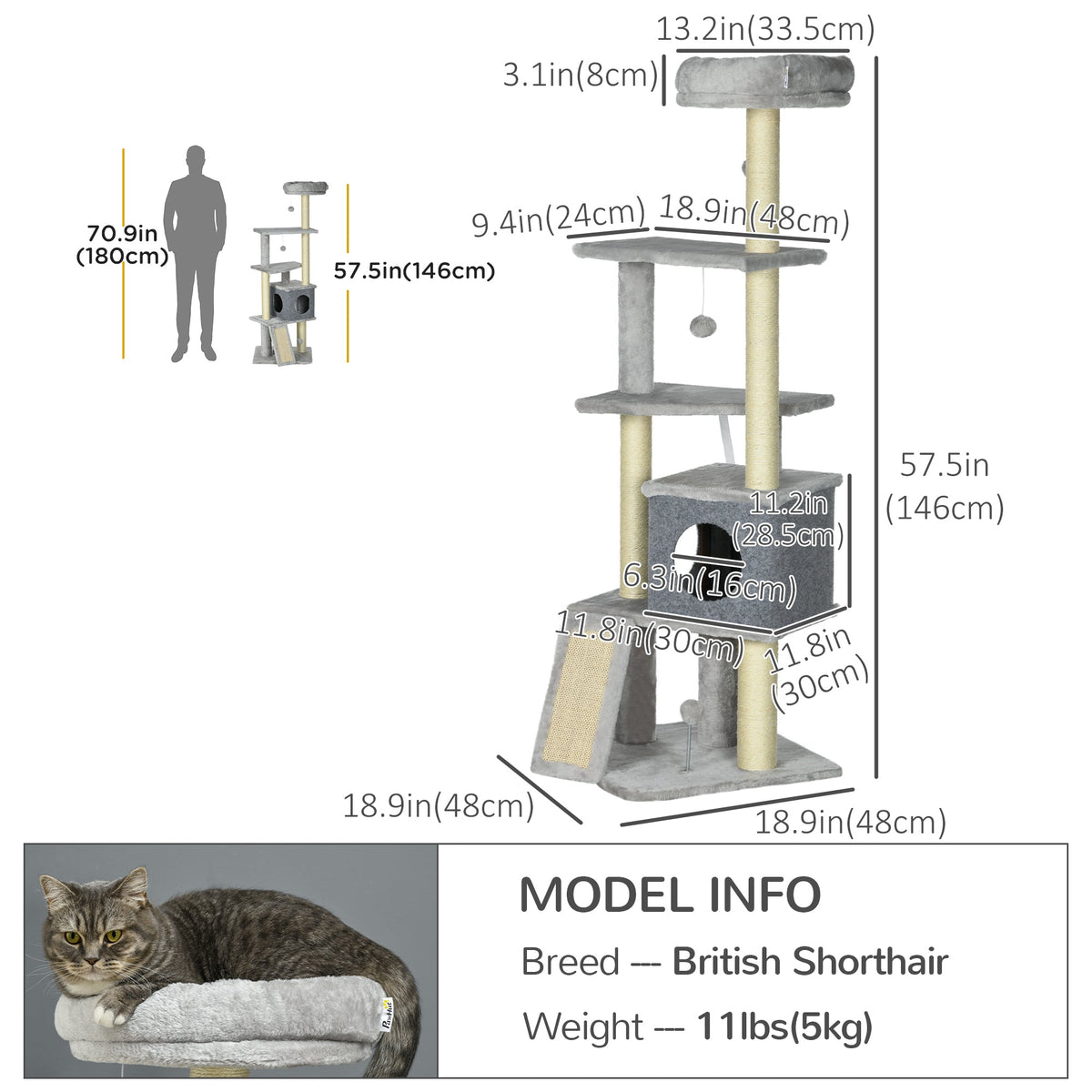 57.5" Cat Tree with Scratching Posts, Large Cat Tower for Indoor Cats with Bed, House, Toys, Grey