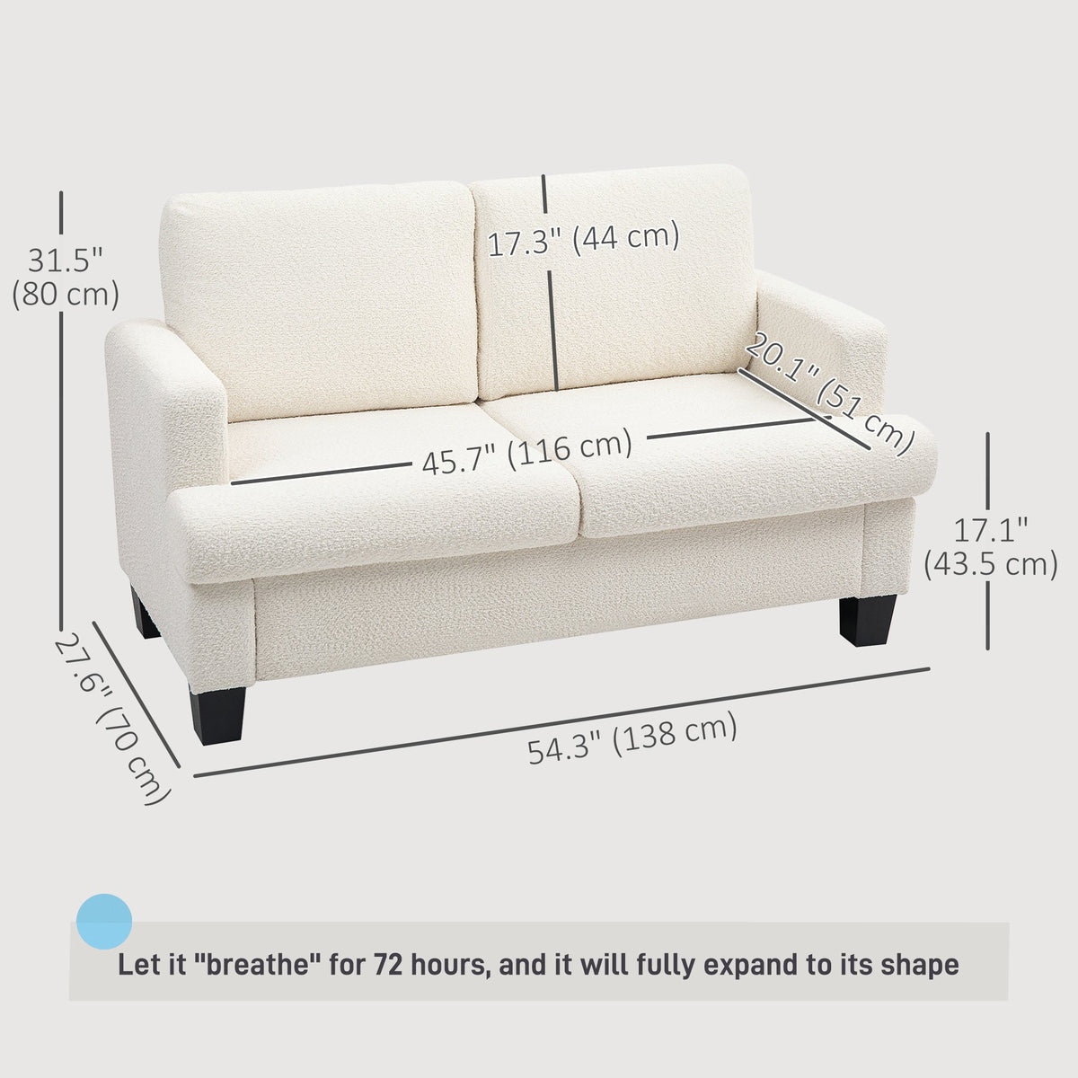 54.3" Loveseat Sofa, 2 Seater Sofa with Removable Cushions, Small Couch with Solid Wood Frame for Living Room, Dark Grey