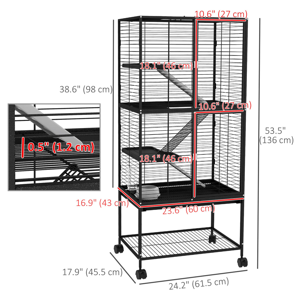 Rolling Small Animal Cage 34"H Chinchilla Cage for Ferrets, Squirrels w/ Removable Tray, Storage Shelf, Black