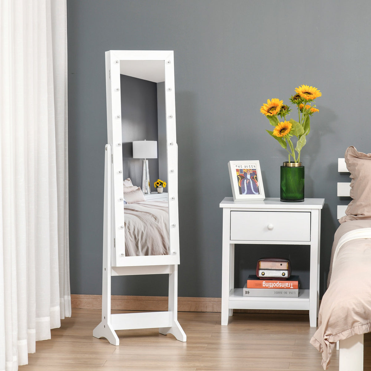 Free Standing Armoire Organizer, Lighted Mirrored Jewelry Cabinet w/ Angle Adjustable & 16 LED Lights Warm White