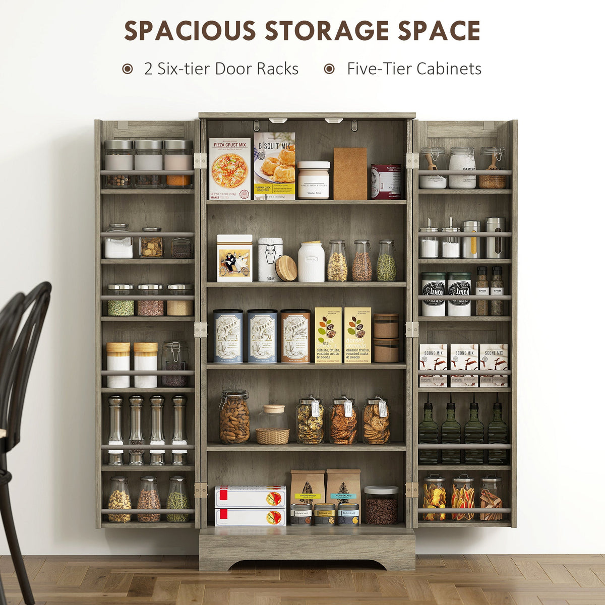 50" Pantry Storage Cabinet, Farmhouse Kitchen Pantry Cabinet with Doors, Adjustable Shelves, Distressed Grey