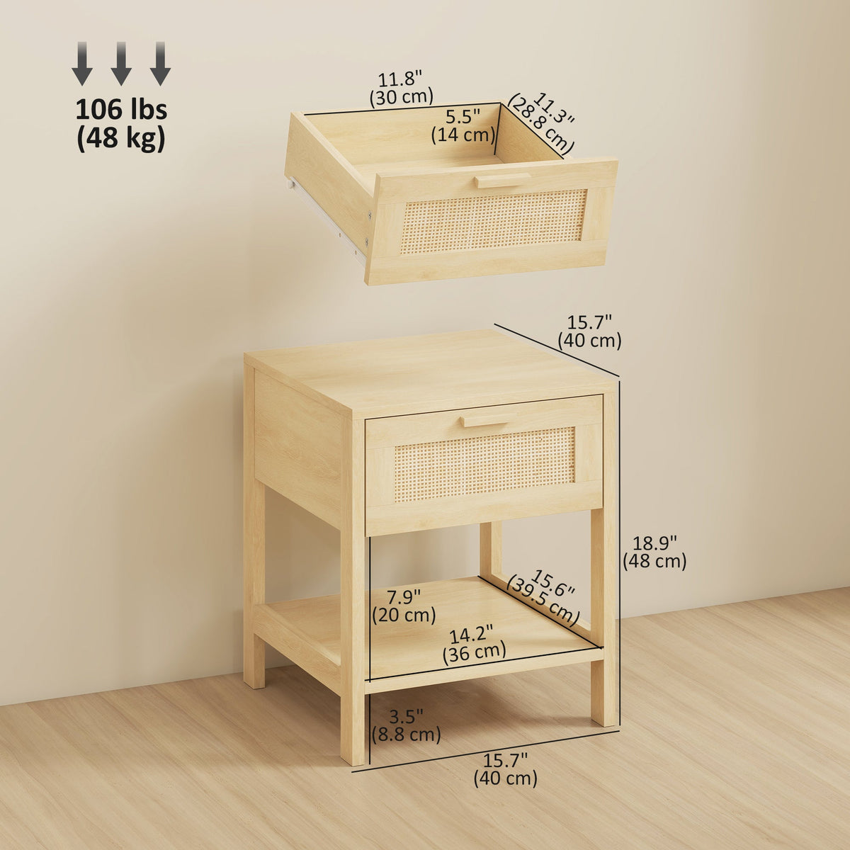 Narrow Nightstand with Rattan Elements, Bedside Table with Drawer and Storage Shelf for Bedroom, Natural