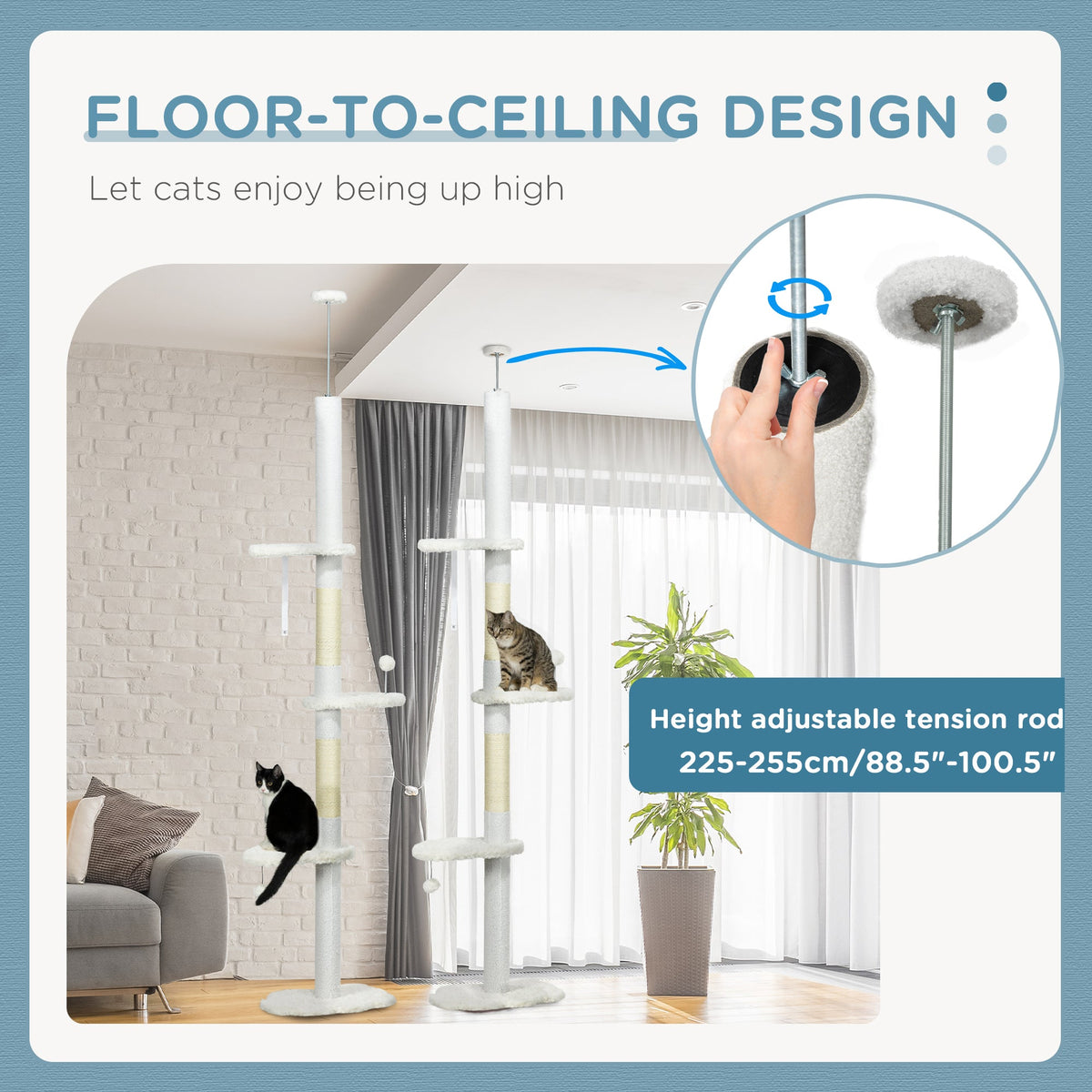 88.5"-100.5" Floor to Ceiling Cat Tree, Cat Tower with Scratching Posts, Cloud Shaped Platforms, Dangling Balls, Cream