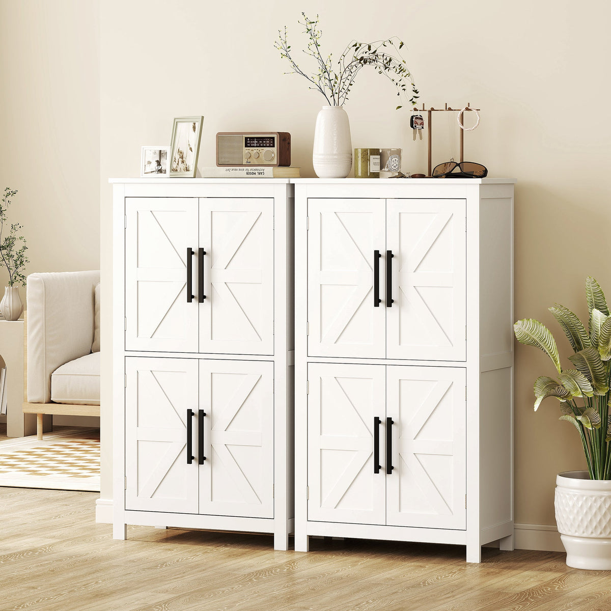 Farmhouse Bathroom Storage Cabinet, Bathroom Floor Cabinet with Barn Doors and Adjustable Shelf, Black