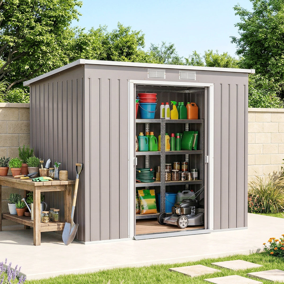 7' x 4' Galvanised Steel Garden Shed, with Foundation Kit - Green