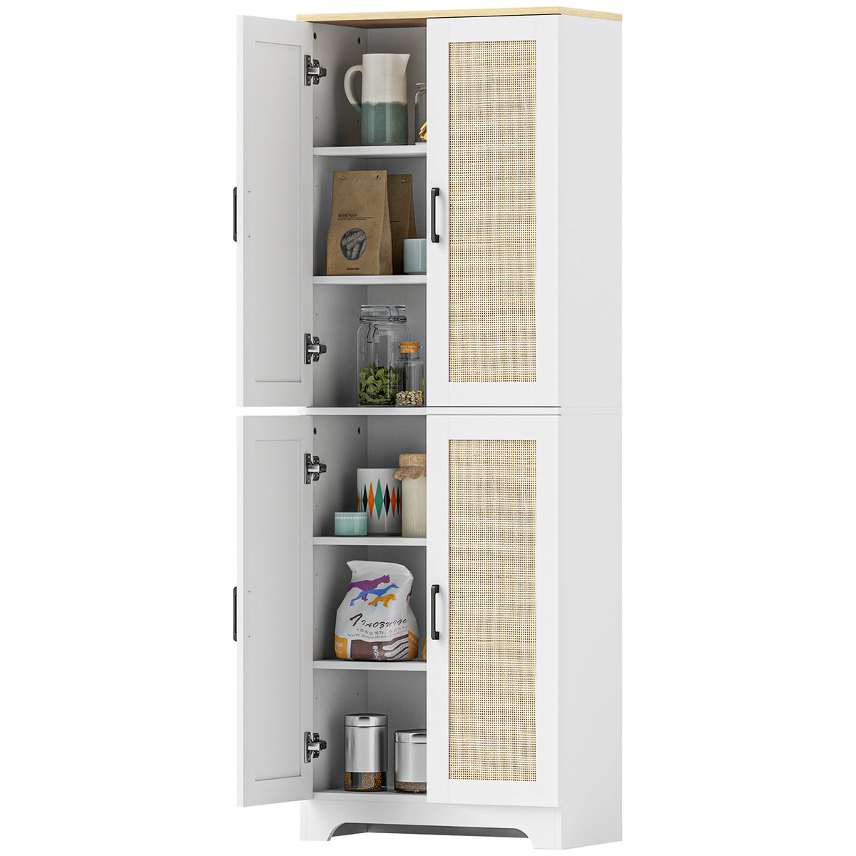 67" Tall Kitchen Pantry, Freestanding Kitchen Storage Cabinet with 4 Rattan Doors and Adjustable Shelves, Oak