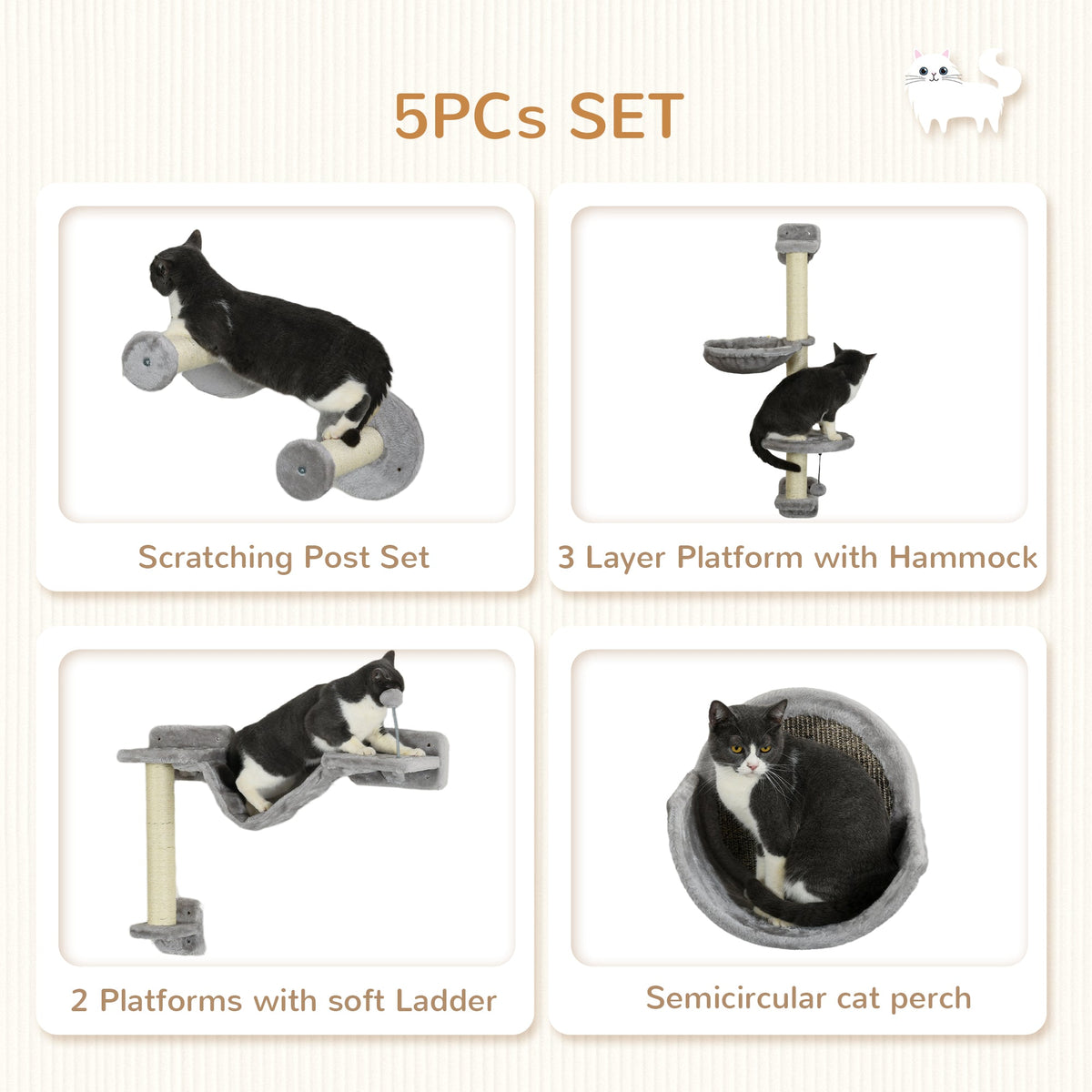 5PCs Cat Wall Shelves with Hammock, Scratching Posts, Perches, Ladder, for Indoor Cats, Light Grey