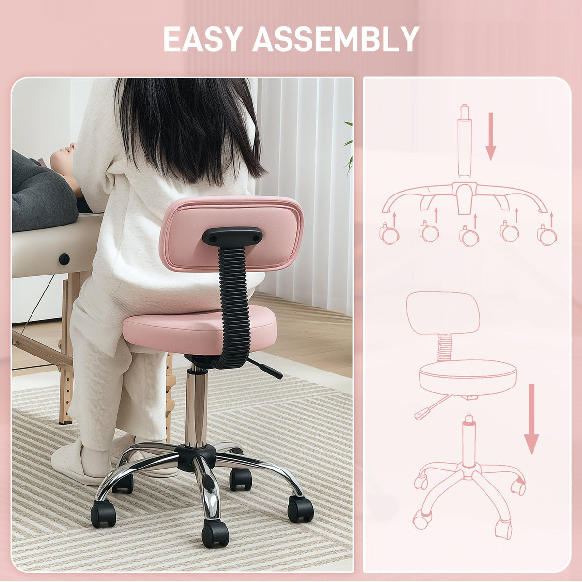 Adjustable Rolling Stool with Removable Backrest, Faux Leather Swivel Stool Chair for Salon Spa, Bar, Massage, Black