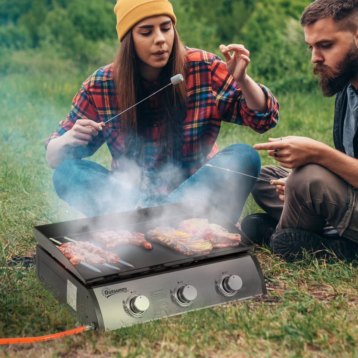 2 Burner Liquefied Gas Grill, Portable Tabletop BBQ Grill, for Camping, Picnic, Silver