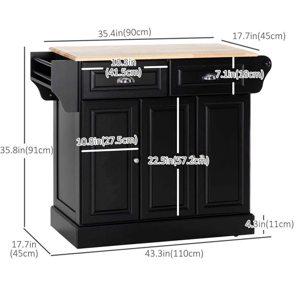 Kitchen Island with Storage Rolling Kitchen Serving Cart with Rubber Wood Top Towel Rack Storage Drawer Cabinet, Black