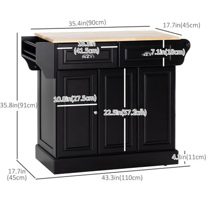 Kitchen Island with Storage Rolling Kitchen Serving Cart with Rubber Wood Top Towel Rack Storage Drawer Cabinet, Black