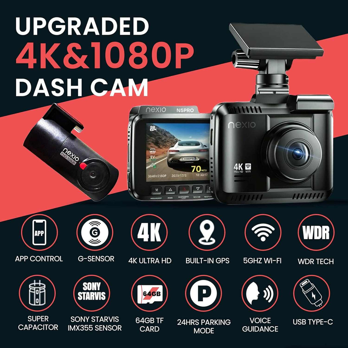 Nexio 4K Front and Rear Dash cam Sony Starvis lense WiFi GPS Builtin 64GB Inc ADAS built-in