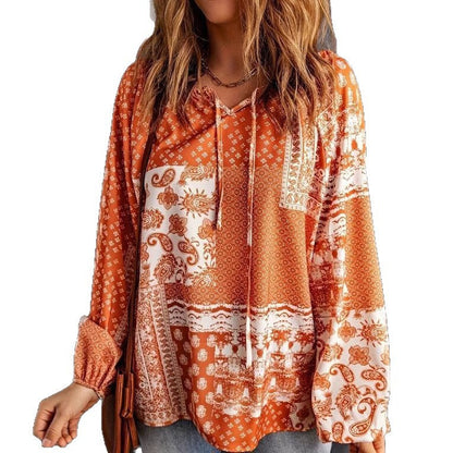 Women's Long-sleeved Printed Ethnic Blouse T-shirt Shirt