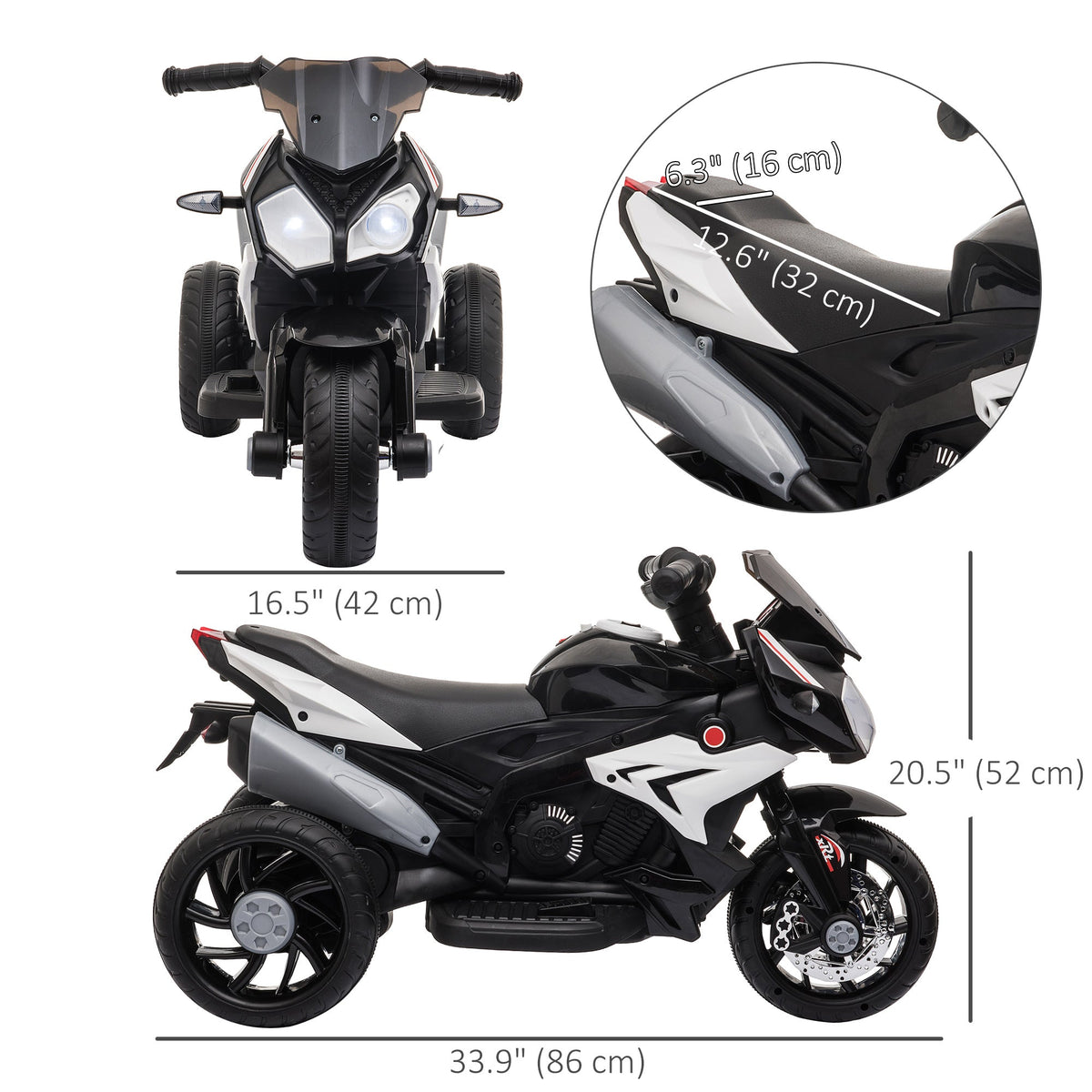 Kids Electric Motorcycle Ride-On Toy with 3 Wheels, Music, Horn, Lights, Black