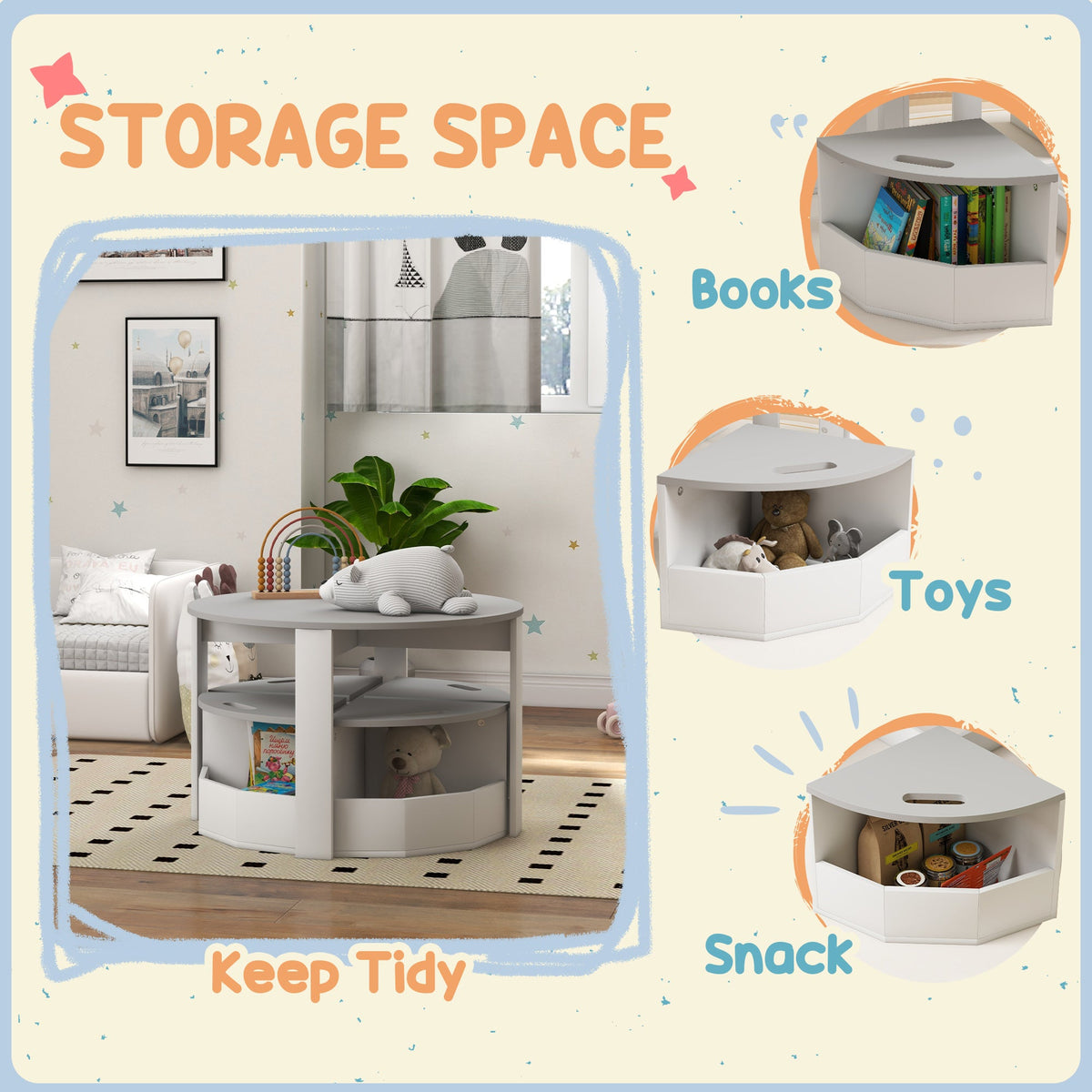 5 Piece Kids Table and Chair Set with Storage for Kids Room, Grey