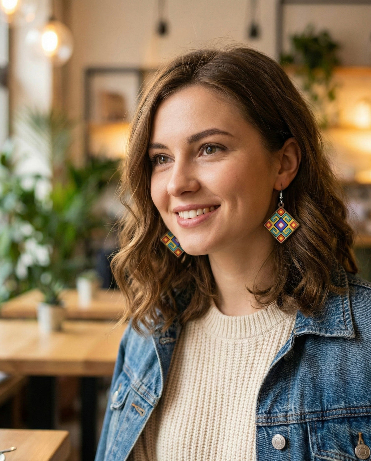 Painted blue and mustard Wood Earrings with Diamond shape