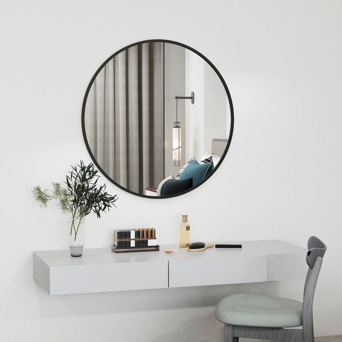 36" Round Mirror, Bathroom Wall Mirror with Metal Frame, Decorative Vanity Mirror for Living Room, Bedroom, Black