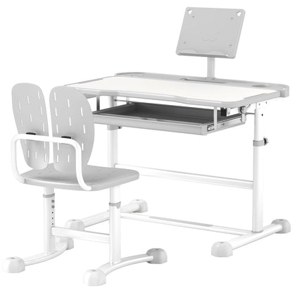 Height Adjustable Kids Desk and Chair Set with Tilt Desktop, Large Writing Board, Storage Drawer, Book Stand, Grey