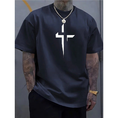 Street-style Mens Casual Loose-fit Cross-print Creative Sports Short-sleeve Top