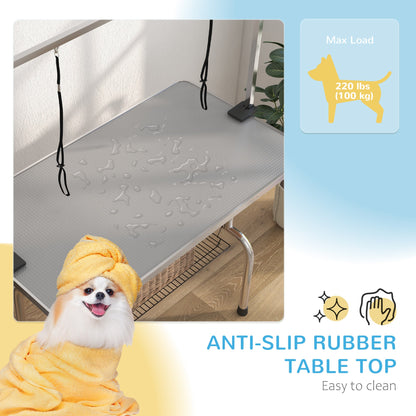 Adjustable Dog Grooming Table with 2 Safety Slings, Storage Basket, Black
