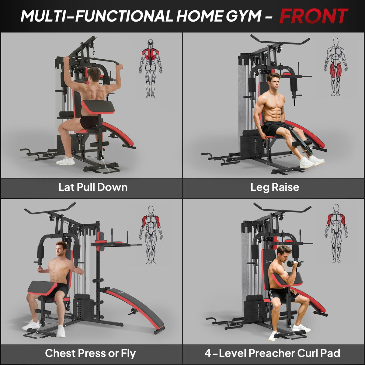 Multi Home Gym Equipment, Workout Station with Sit up Bench, Push up Stand, Dip Station, 143lbs Weights