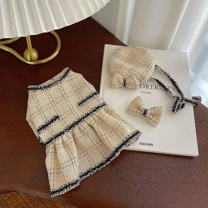 French Vanilla Soft Dog Skirt Set | Outfit with Hat and Bow