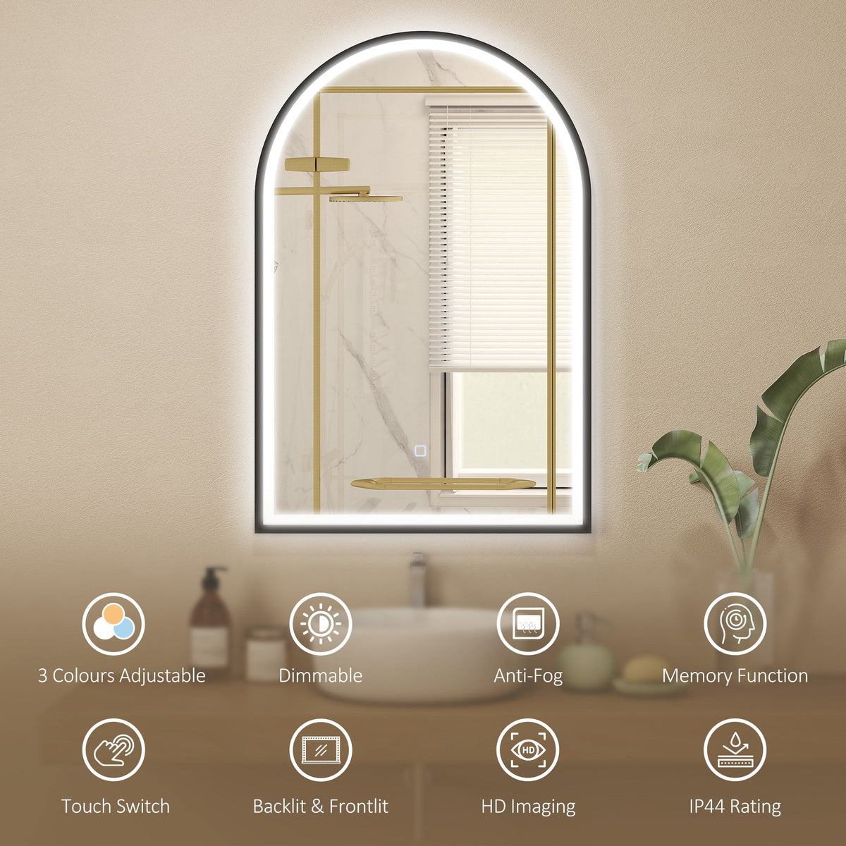 24" x 36" LED Bathroom Mirror, Arched Tempered Glass Wall Mirror, Anti-Fog, Dimmable, Memory Function, Black