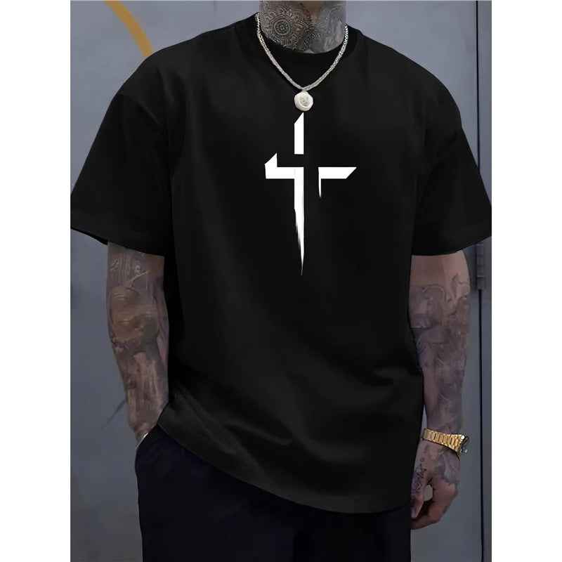 Street-style Mens Casual Loose-fit Cross-print Creative Sports Short-sleeve Top