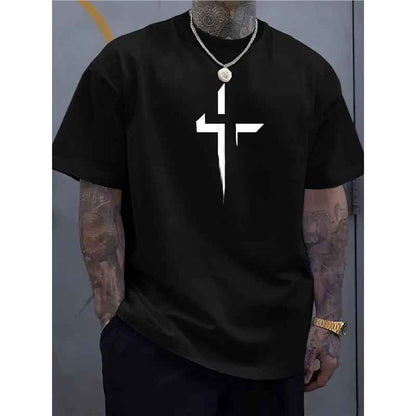 Street-style Mens Casual Loose-fit Cross-print Creative Sports Short-sleeve Top