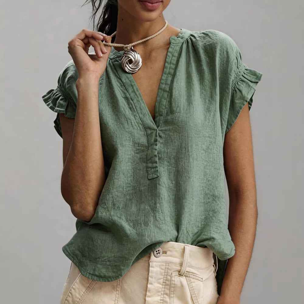 Women's Casual V-Neck Cotton-Linen Blouse Top Summer Ruffle Short-Sleeve Solid Color Office Daily Wear Shirts