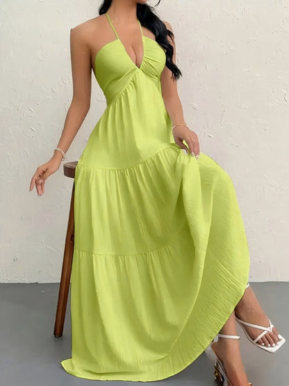 Backless Halterneck V-Neck Pleated A- Line Dress Women's Clothing One-Piece Dress Ankle-length Skirt For Beach Vacation Outfits