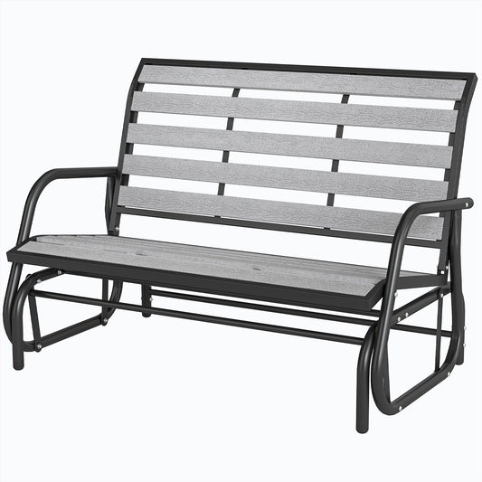 2 Person Outdoor Glider Bench, Patio Glider Loveseat with Faux Wood Slatted Seat and Back, Steel Frame, Grey