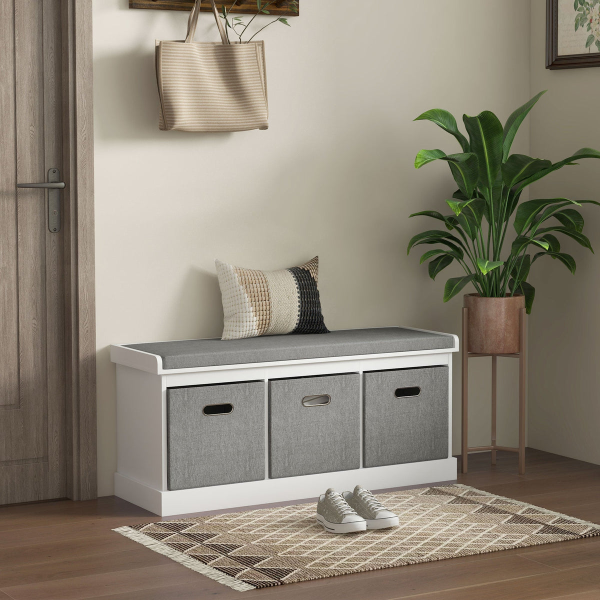 Shoe Storage Bench with Seat, Entryway Bench Seat with Cushion, 3 Fabric Drawers for Hallway, Dark Grey