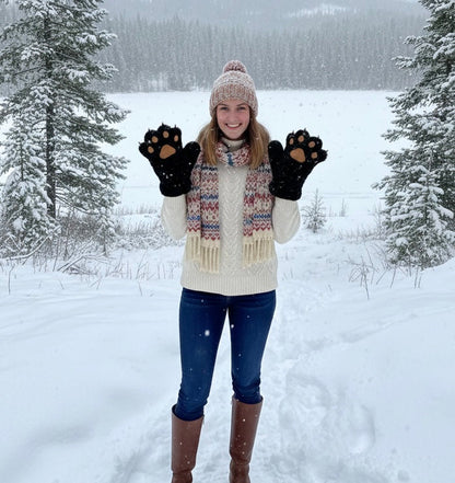 Black Soft Plush Bear Paw Gloves