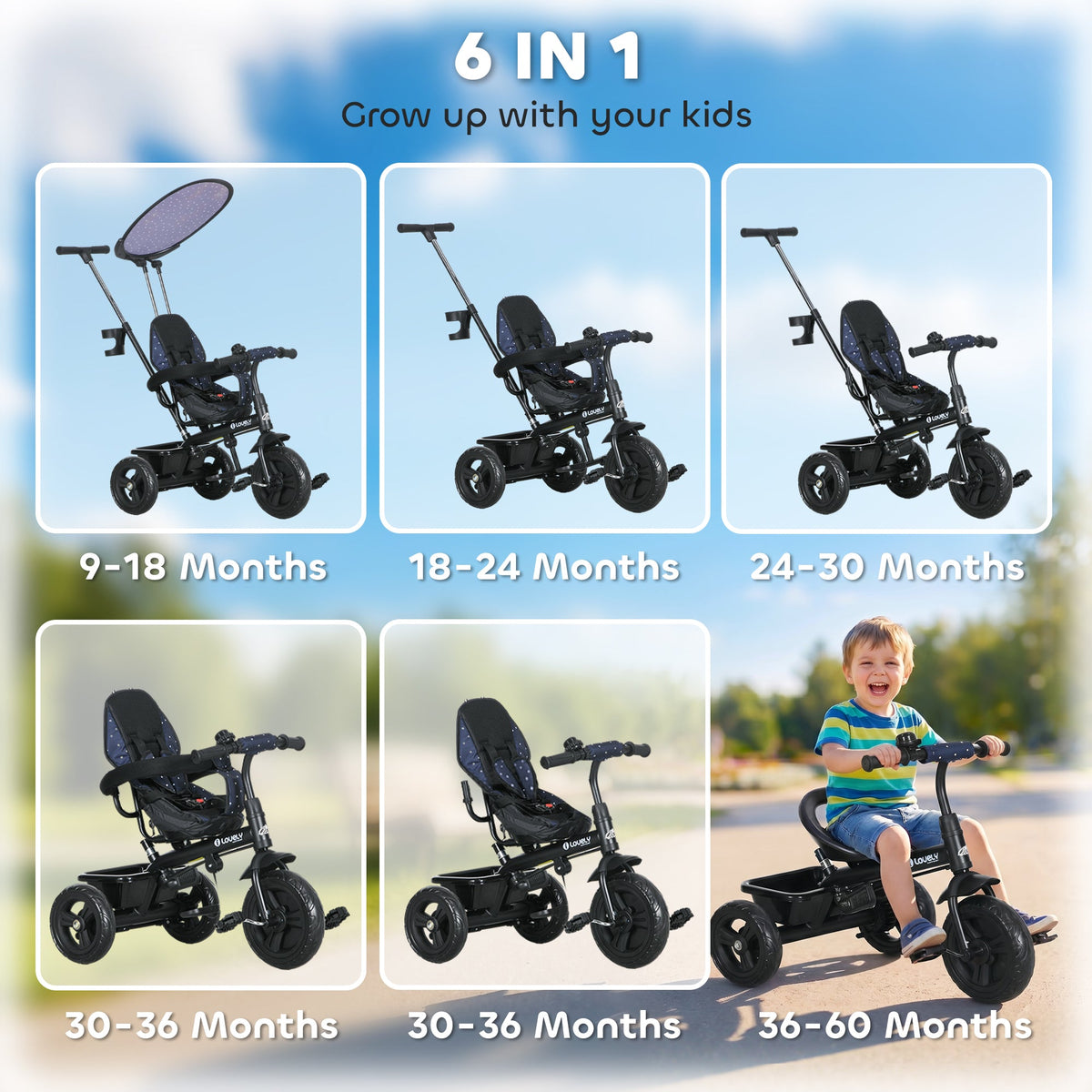 6 in 1 Kids Tricycle with Removable Handlebar and Canopy, Navy Blue