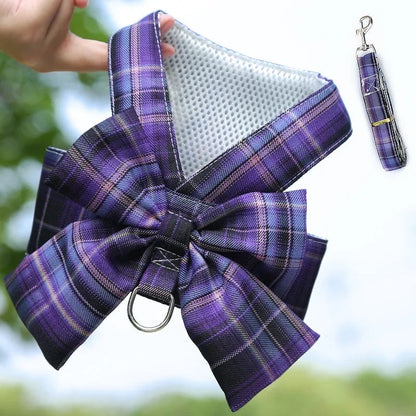 Vintage Plaid Bow Dog Harness and Leash Set | Dog Walking Outfit