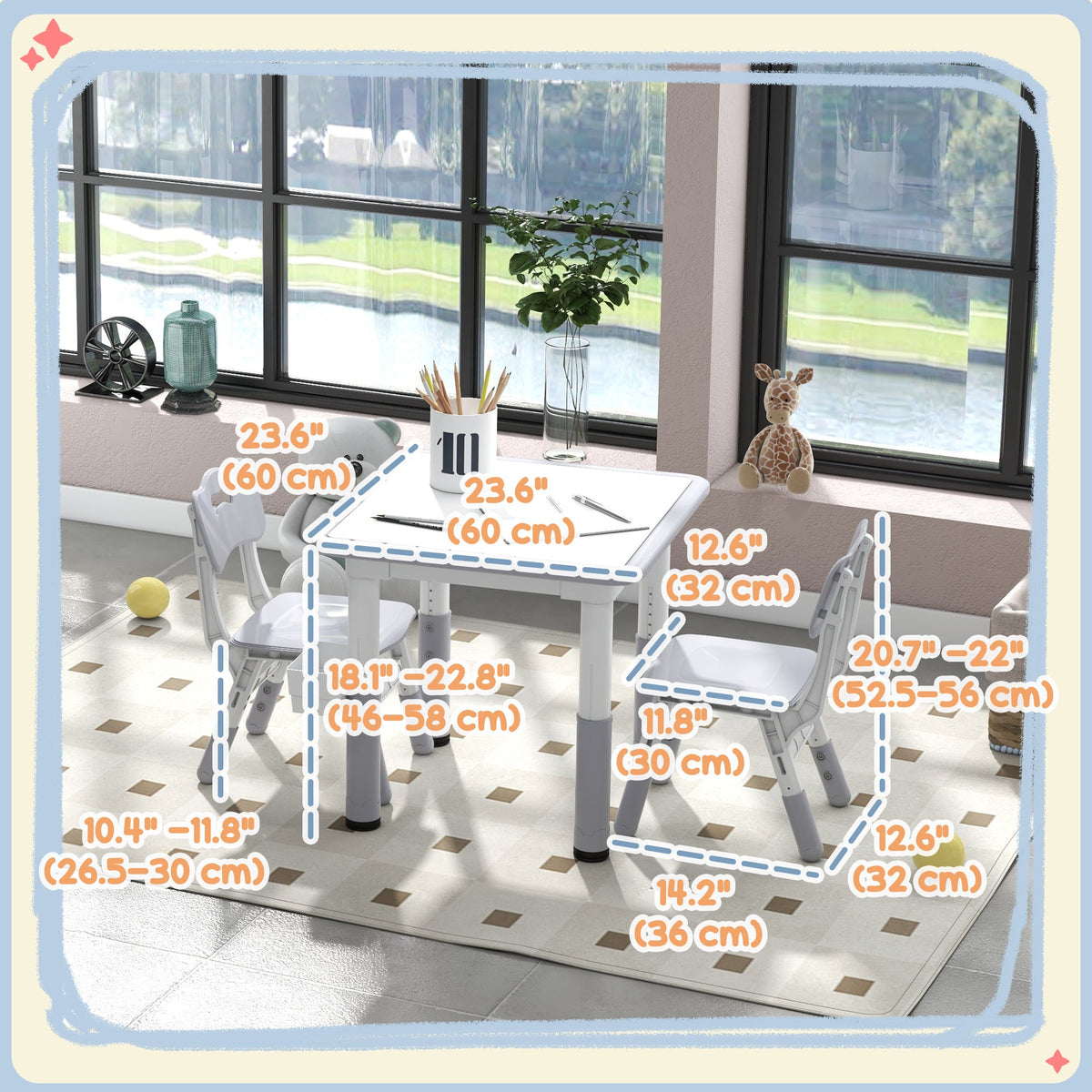 3 Pieces Toddler Table and Chair Set, Height Adjustable Kids Table and Chair Set w/ Storage, for Playroom Grey