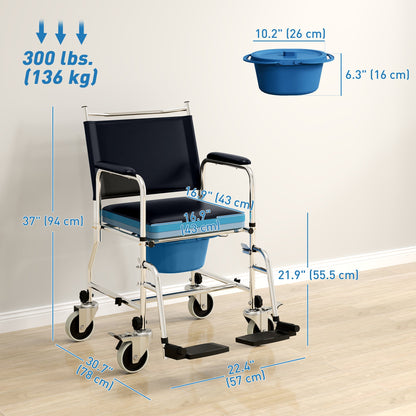 Rolling Shower Chair, Bedside Commode Wheelchair with Padded Seat, Backrest, for Seniors, Disabled, 300 lbs, Black