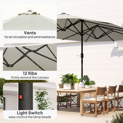174" Double-Sided Sun Umbrella Garden Parasol Patio Sun Shade Outdoor with LED Solar Light, Khaki