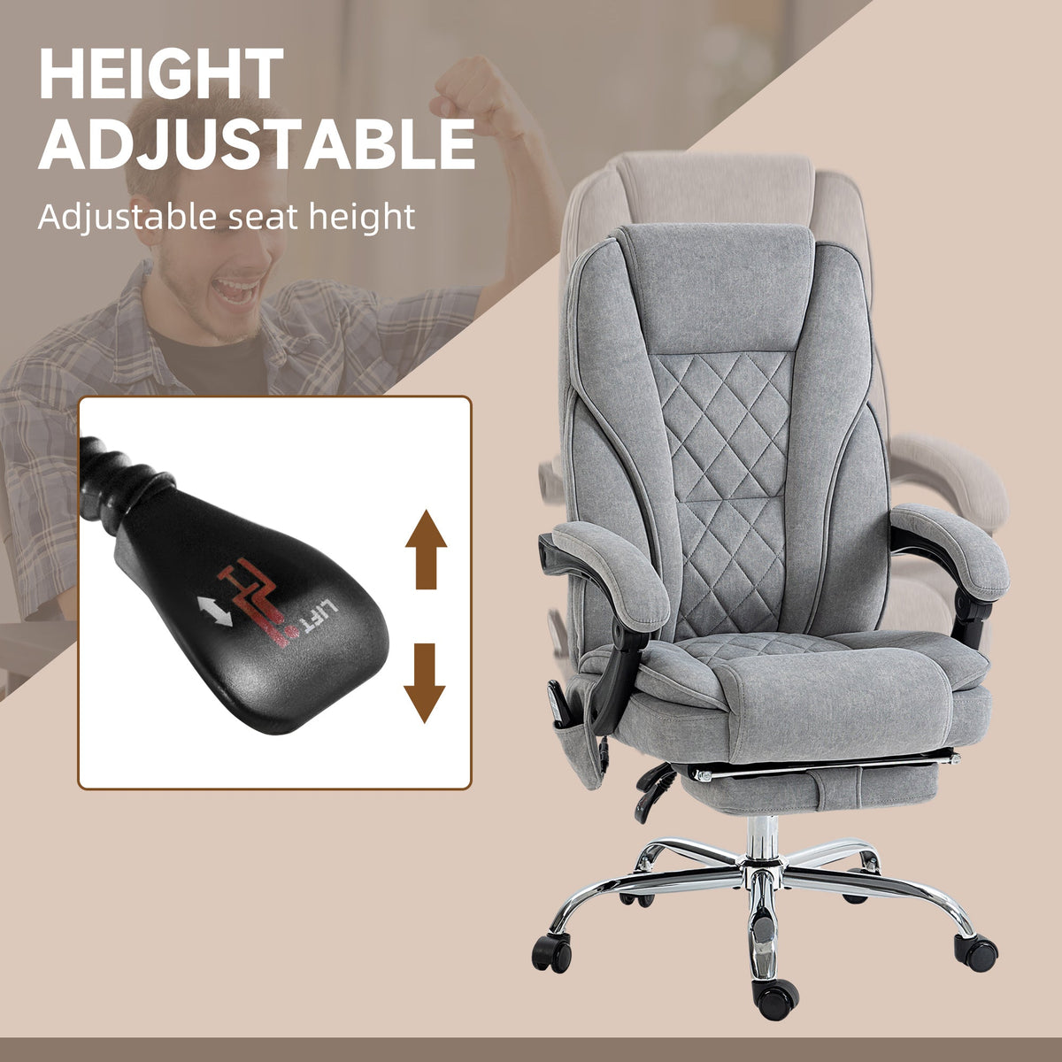 Massage Office Chair, Reclining Computer Chair with Adjustable Height and Footrest, Grey