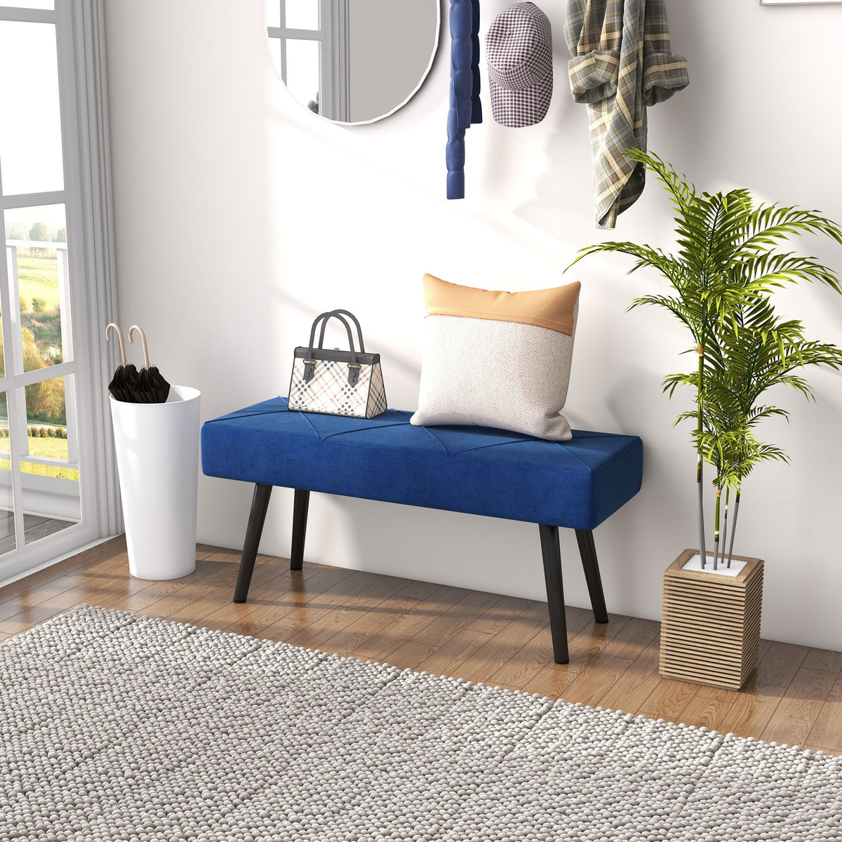 39 Inches Upholstered Bedroom Bench, Modern End of Bed Bench with Steel Legs, Cream White