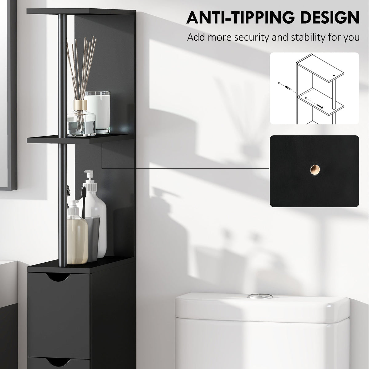 Tall Bathroom Storage Cabinet, Narrow Bathroom Cabinet with Drawers and Open Shelves for Small Spaces, White and Grey