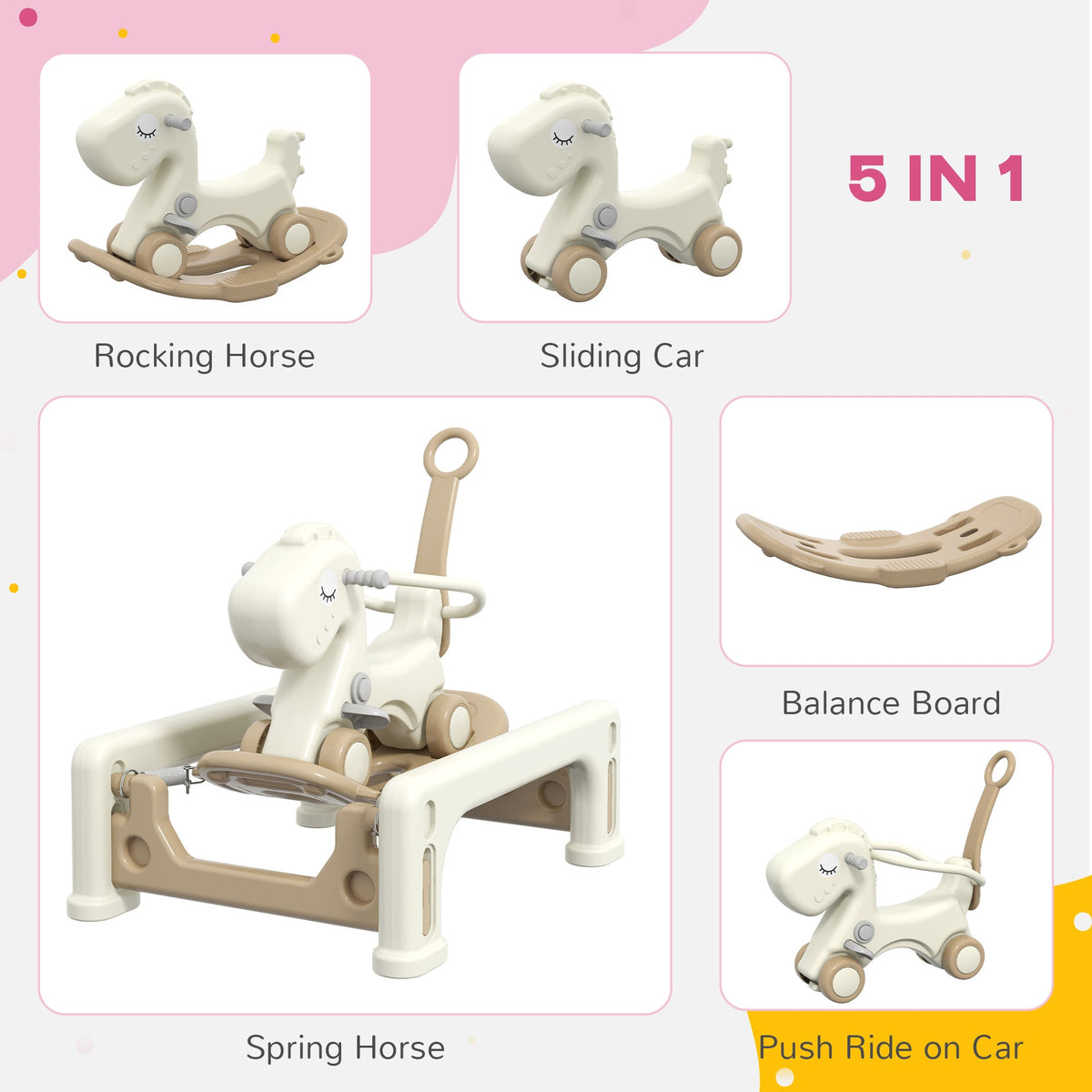 5 in 1 Rocking Horse for Toddlers 1-6 Years with Balance Board, Push Handle, 4 Smooth Wheels