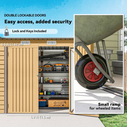 8 x 4FT Galvanized Garden Storage Shed, Metal Outdoor Shed with Double Doors and 2 Vents, Oak