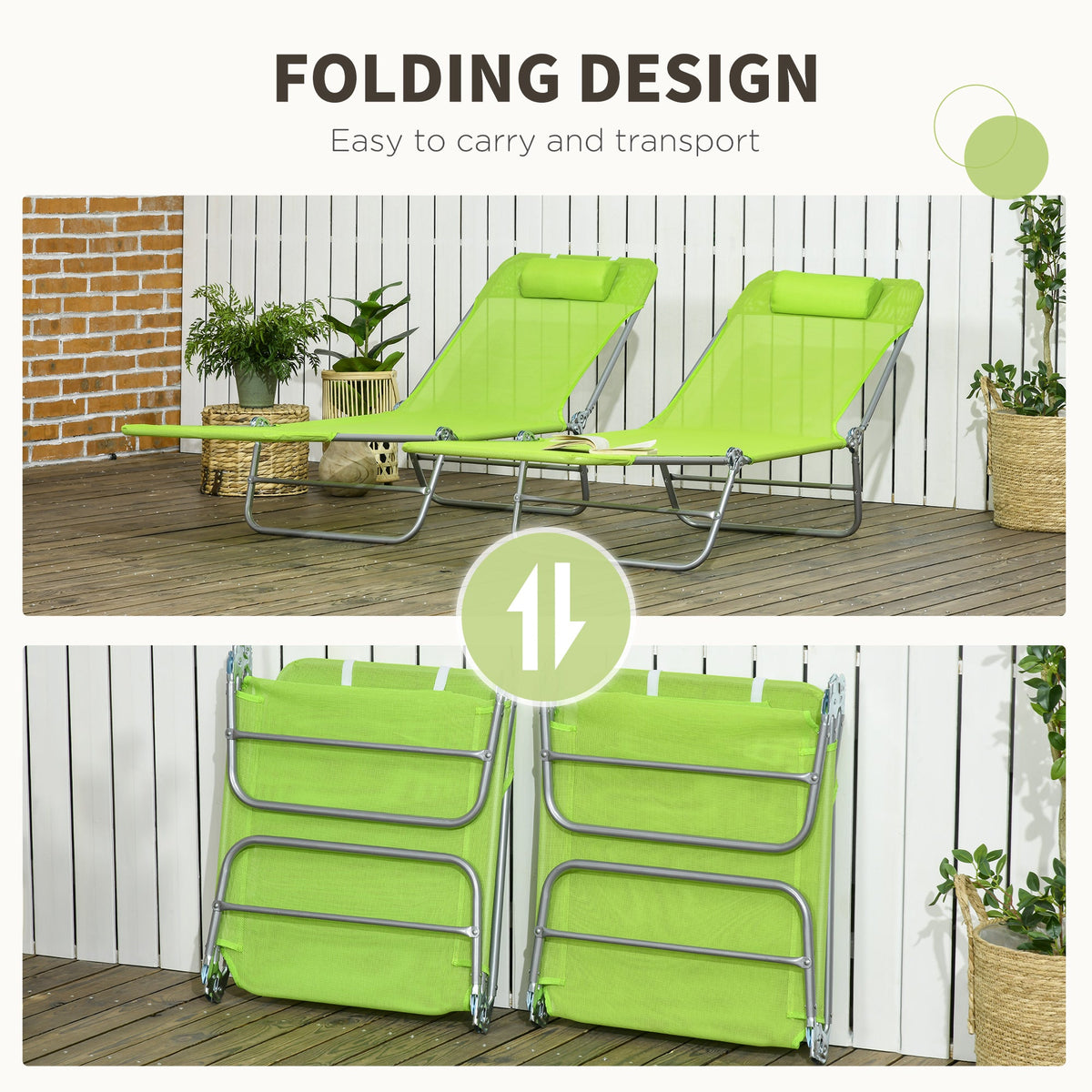 Set of 2 Folding Chaise Lounge Chairs, Outdoor Poolside Sun Tanning Chairs w/ Pillow, Reclining Backrest, Blue