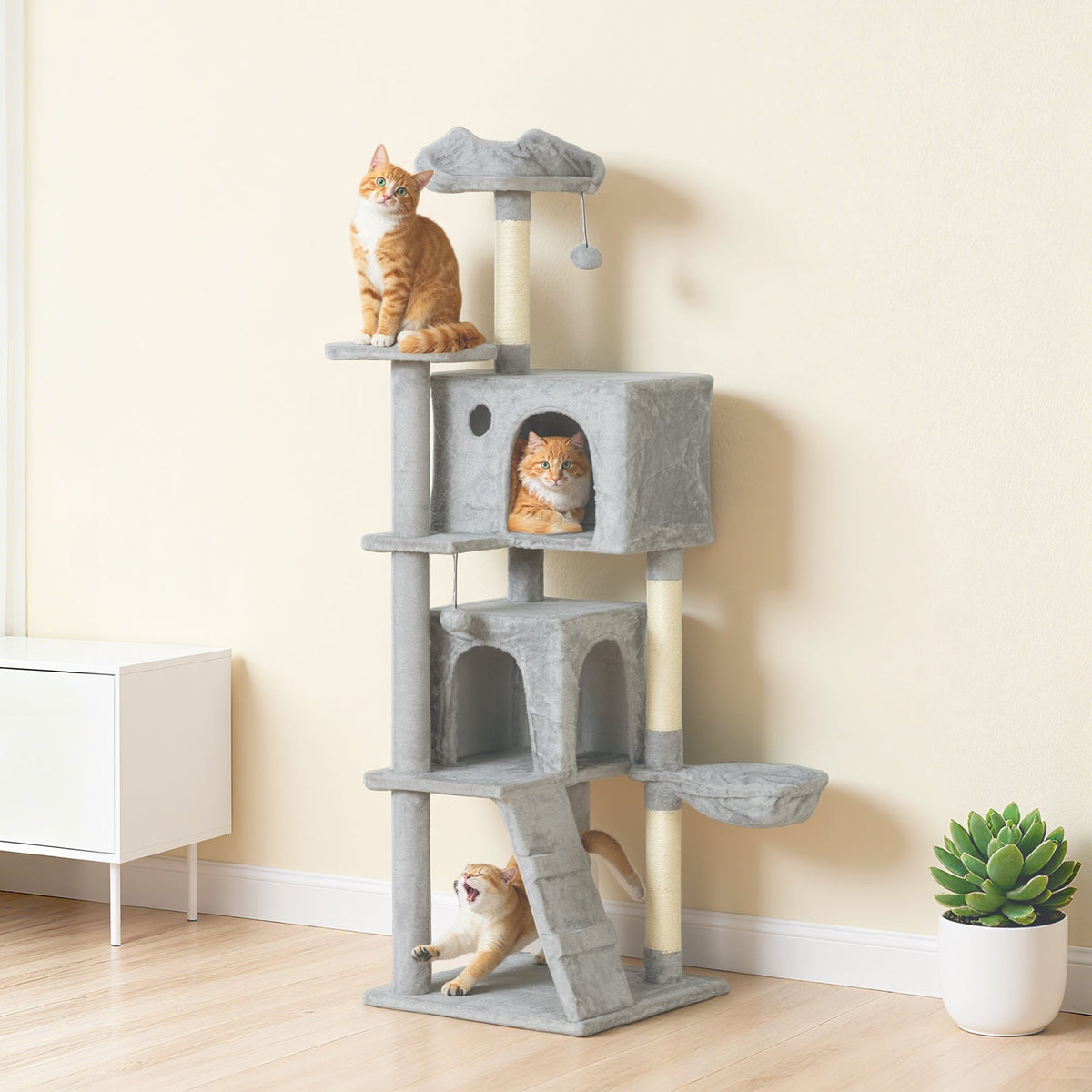 63 Inch Cat Tree with Sisal Scratching Posts, Condos, Plush Perches, Hammock, Ladder, Dangling Balls, Beige