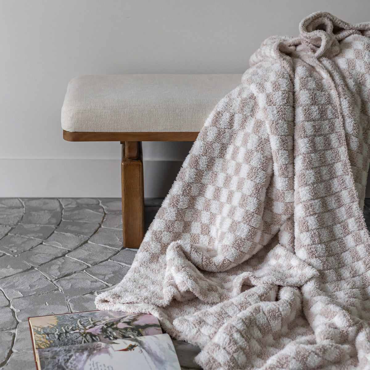 Blushing Beige & White Check Print Extended Throw