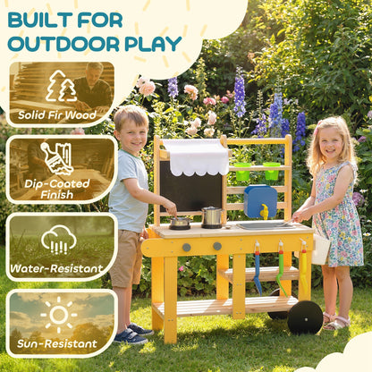 Mud Kitchen for Kids Outdoor with Wheels, Wooden Play Kitchen with Sink, Storage, Planting Pots, Blackboard, Yellow